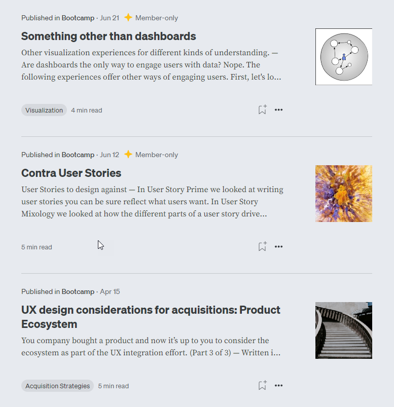 screen capture of articles on Medium
